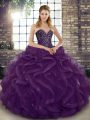 Hot Sale Sweetheart Sleeveless Tulle Quince Ball Gowns Beading and Ruffles Lace Up
