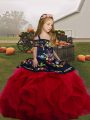 Unique Sleeveless Floor Length Embroidery and Ruffles Lace Up Kids Formal Wear with Red