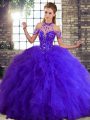 Sleeveless Tulle Floor Length Lace Up Quinceanera Dresses in Purple with Beading and Ruffles