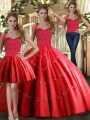 Red Lace Up Quinceanera Dress Appliques Sleeveless Floor Length