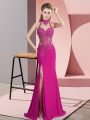 Flare Floor Length Fuchsia Prom Dresses Chiffon Sleeveless Lace and Appliques