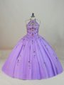 Super Sleeveless Tulle Brush Train Lace Up Ball Gown Prom Dress in Lavender with Beading and Embroidery