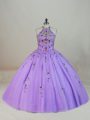 Super Sleeveless Tulle Brush Train Lace Up Ball Gown Prom Dress in Lavender with Beading and Embroidery