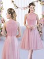 Glittering Pink A-line High-neck Sleeveless Tulle Tea Length Zipper Lace Bridesmaids Dress