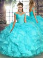 Smart Aqua Blue Organza Lace Up Quinceanera Dresses Sleeveless Floor Length Beading and Ruffles