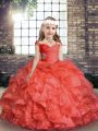 Sweet Floor Length Lace Up Little Girls Pageant Dress Wholesale Coral Red for Party and Sweet 16 and Wedding Party with Beading and Ruching