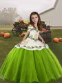 Elegant Green Sleeveless Floor Length Embroidery Lace Up Little Girls Pageant Gowns