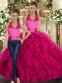 Fuchsia Two Pieces Tulle Halter Top Sleeveless Ruffles Floor Length Lace Up Quinceanera Dresses