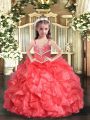 Straps Sleeveless Lace Up Little Girl Pageant Dress Coral Red Organza
