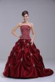 Wine Red Ball Gowns Beading and Embroidery Wedding Gowns Lace Up Taffeta Sleeveless