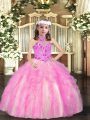 Custom Fit Tulle Halter Top Sleeveless Lace Up Appliques Little Girl Pageant Gowns in Lilac