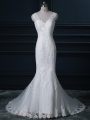 Delicate White Sleeveless Tulle Brush Train Backless Wedding Gowns for Wedding Party