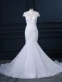 Deluxe White Mermaid Lace Wedding Dresses Clasp Handle Tulle Cap Sleeves