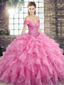 Rose Pink Sleeveless Beading and Ruffles Lace Up Quinceanera Gown