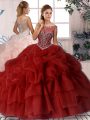 Wonderful Wine Red Scoop Neckline Beading and Pick Ups Quinceanera Gown Sleeveless Zipper