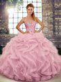 Exceptional Pink Ball Gowns Tulle Sweetheart Sleeveless Beading and Ruffles Floor Length Lace Up Sweet 16 Dress