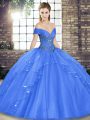 Off The Shoulder Sleeveless Lace Up Sweet 16 Dresses Blue Tulle