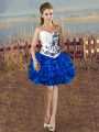 Popular Blue And White Lace Up Prom Dress Embroidery and Ruffles Sleeveless Mini Length