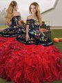 Floor Length Lace Up Quinceanera Dresses Red And Black for Military Ball and Sweet 16 and Quinceanera with Embroidery and Ruffles