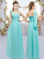 Adorable Empire Dama Dress for Quinceanera Aqua Blue One Shoulder Chiffon Sleeveless Floor Length Lace Up