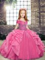 Nice Pink Little Girls Pageant Gowns Party and Wedding Party with Beading and Ruffles Straps Sleeveless Lace Up