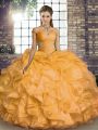 Discount Gold Off The Shoulder Lace Up Beading and Ruffles Ball Gown Prom Dress Sleeveless