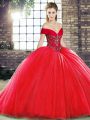 Sweet Off The Shoulder Sleeveless Quinceanera Dress Brush Train Beading Red Organza