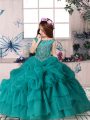 High End Floor Length Teal Pageant Dress Toddler Organza Sleeveless Beading and Pick Ups