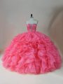 Pink Ball Gowns Organza Sweetheart Sleeveless Beading and Ruffles Floor Length Zipper 15 Quinceanera Dress