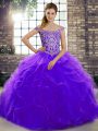 Superior Purple Ball Gowns Off The Shoulder Sleeveless Tulle Brush Train Lace Up Beading and Ruffles Quinceanera Gowns