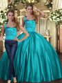 Pretty Teal Satin Lace Up Quinceanera Dress Sleeveless Floor Length Ruching