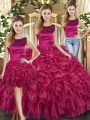 Romantic Sleeveless Floor Length Ruffles Lace Up Quince Ball Gowns with Fuchsia