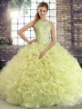 Yellow Green Scoop Lace Up Beading 15 Quinceanera Dress Sleeveless