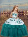 Fantastic Sleeveless Tulle Floor Length Lace Up Child Pageant Dress in Teal with Embroidery