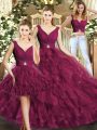 Burgundy V-neck Backless Beading and Ruffles Quinceanera Gown Sleeveless