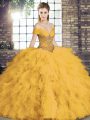 Floor Length Gold 15 Quinceanera Dress Off The Shoulder Sleeveless Lace Up