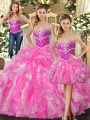 Floor Length Rose Pink Sweet 16 Dress Organza Sleeveless Beading and Ruffles