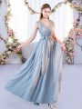 Grey Empire Chiffon V-neck Sleeveless Belt Floor Length Lace Up Damas Dress