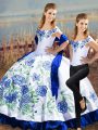 Noble Satin Off The Shoulder Sleeveless Lace Up Embroidery Quince Ball Gowns in Blue And White