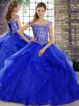 Brush Train Ball Gowns Quinceanera Dresses Royal Blue Off The Shoulder Tulle Sleeveless Lace Up