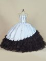White And Black Column/Sheath Embroidery and Ruffled Layers Quinceanera Gowns Lace Up Satin and Organza Sleeveless Floor Length
