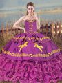Satin and Organza Sweetheart Sleeveless Brush Train Lace Up Embroidery and Ruffles Sweet 16 Dress in Purple