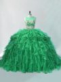 High End Green Quinceanera Dress Scoop Sleeveless Brush Train