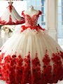 Glittering Scoop Sleeveless Quinceanera Dresses Brush Train Hand Made Flower White And Red Tulle