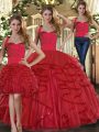 Excellent Red Three Pieces Tulle Straps Sleeveless Ruffles Floor Length Lace Up Ball Gown Prom Dress