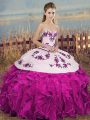 Fuchsia Ball Gowns Embroidery and Ruffles and Bowknot Quinceanera Dresses Lace Up Organza Sleeveless Floor Length