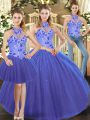 Sleeveless Floor Length Embroidery Lace Up Quinceanera Dress with Blue