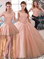 Tulle Off The Shoulder Sleeveless Brush Train Lace Up Beading Sweet 16 Quinceanera Dress in Peach