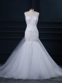 White Tulle Side Zipper Wedding Dress Sleeveless Watteau Train Lace
