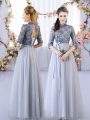 New Arrival Grey Half Sleeves Floor Length Appliques Lace Up Quinceanera Court Dresses